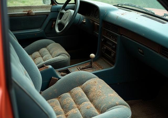 Interni di un'auto con sedili macchiati e polverosi prima della pulizia.